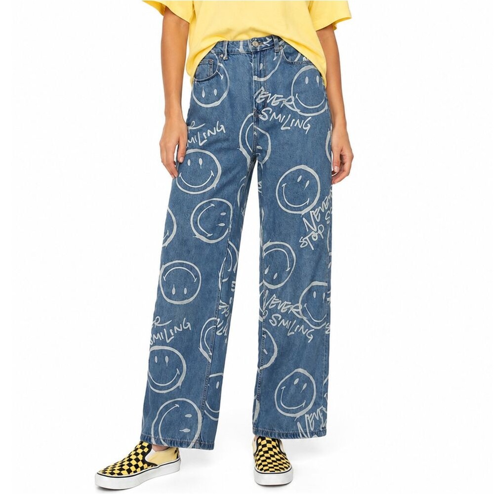 Smiley x H&M Loose Fit High Waist Jeans Womens 6 Never Stop Smiling Print Denim